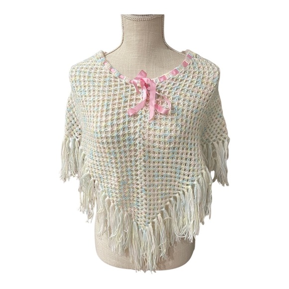 Handmade Little Girl’s Crochet Triangle Shawl Fringe Pancho Pastel w/Pink Ribbon - Picture 1 of 8